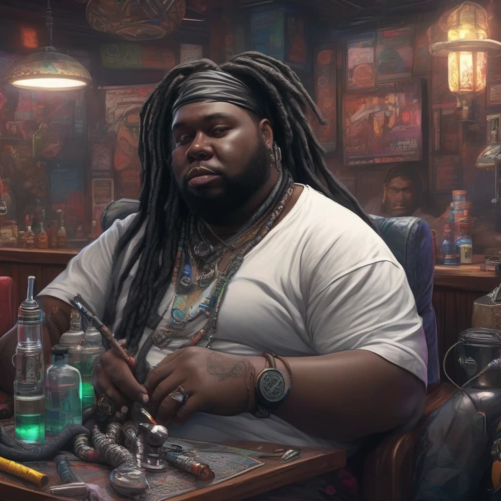 fat black man lounging on pillows in a hookah bar and smoking a hookah, cyberpunk street theme, blurry look, (((masterpiece))), ((best quality)), ((intricate detailed)), ((Hyperrealistic)), black skin, highly detailed, illustration,  detailed fingers, beautiful detailed eyes, detailed face, handsome man face, black dreadlocks,  (cyberpunk:1.2), detailed background, hookah bar background, neon lights, lens flare, menacing look, looking at the viewer