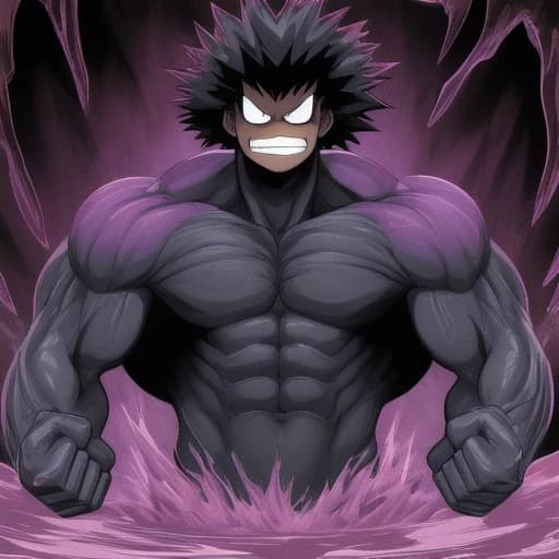 a close up of a person with an evil look on their face, anime wallpaper, showing off his muscles, gradient black to purple, boku no hero academia style, fiery aura, character is covered in liquid, dark cavern, one fist raised high in triumph, morph, exploitable image, heroic human proportions, shredded, trending top art, light academia aesthetic