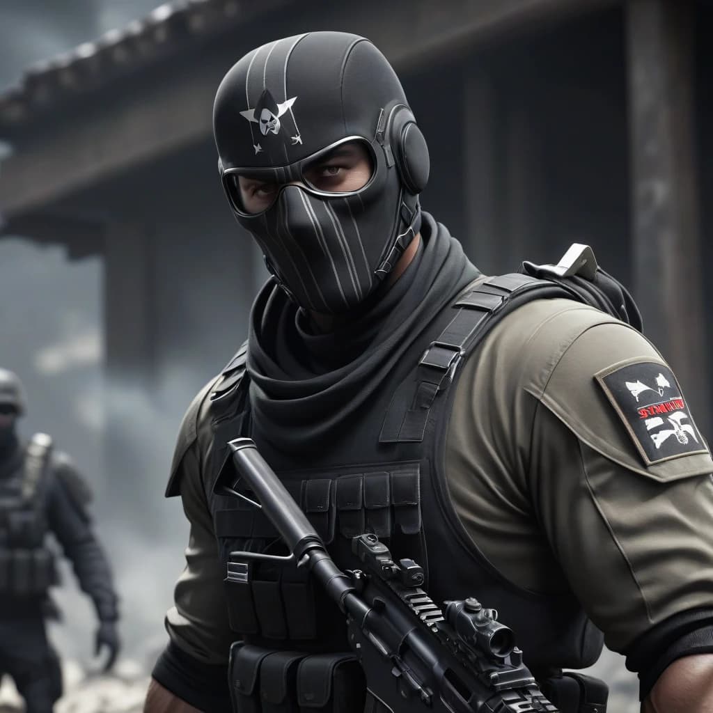 call of duty: ghosts a tall, powerfully built soldier wearing a black cloth mask with light stripes