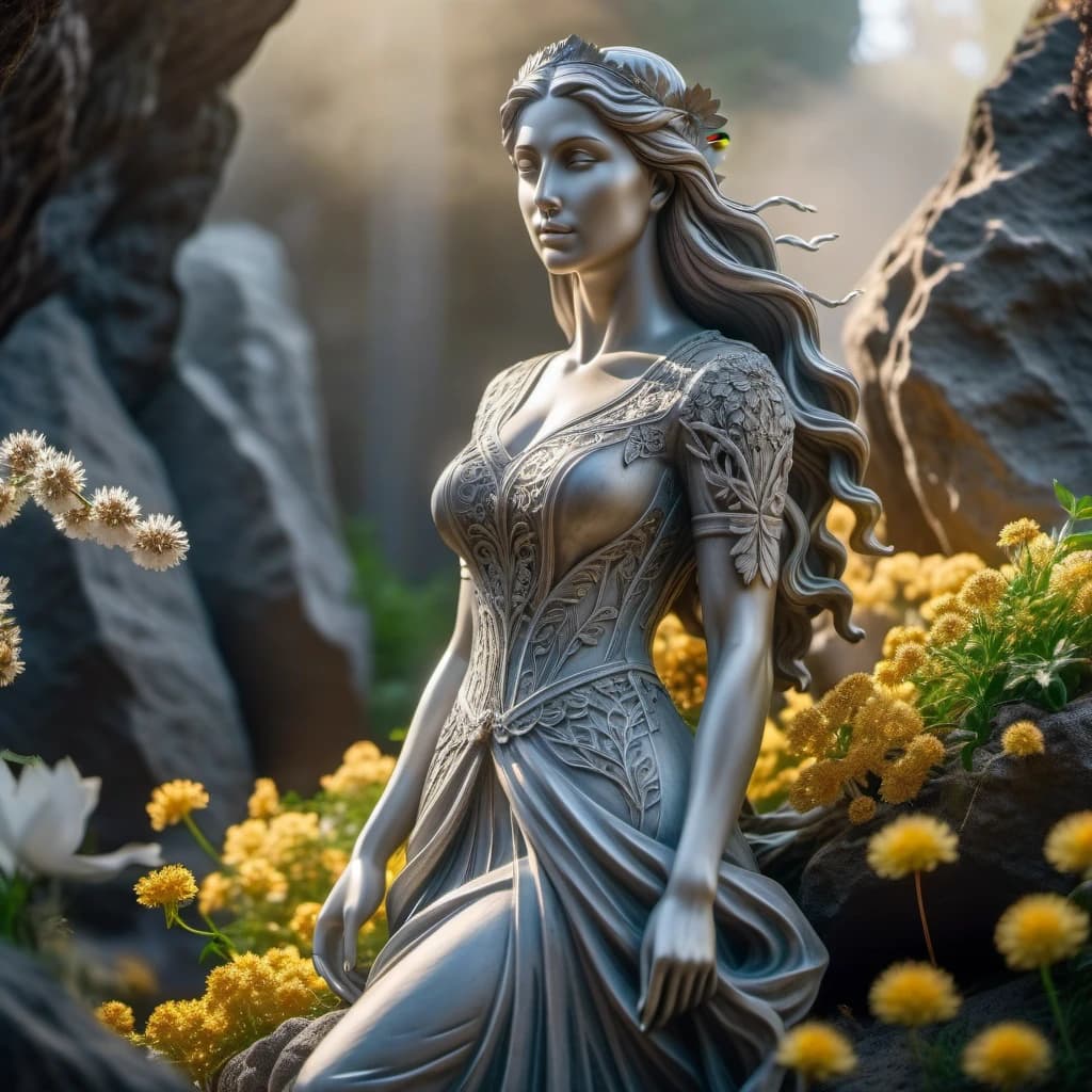 beautiful gray statue of a girl sealed in a rock, the girl stands at full height, she is shrouded in roots and flowers, she is dressed in light clothes
