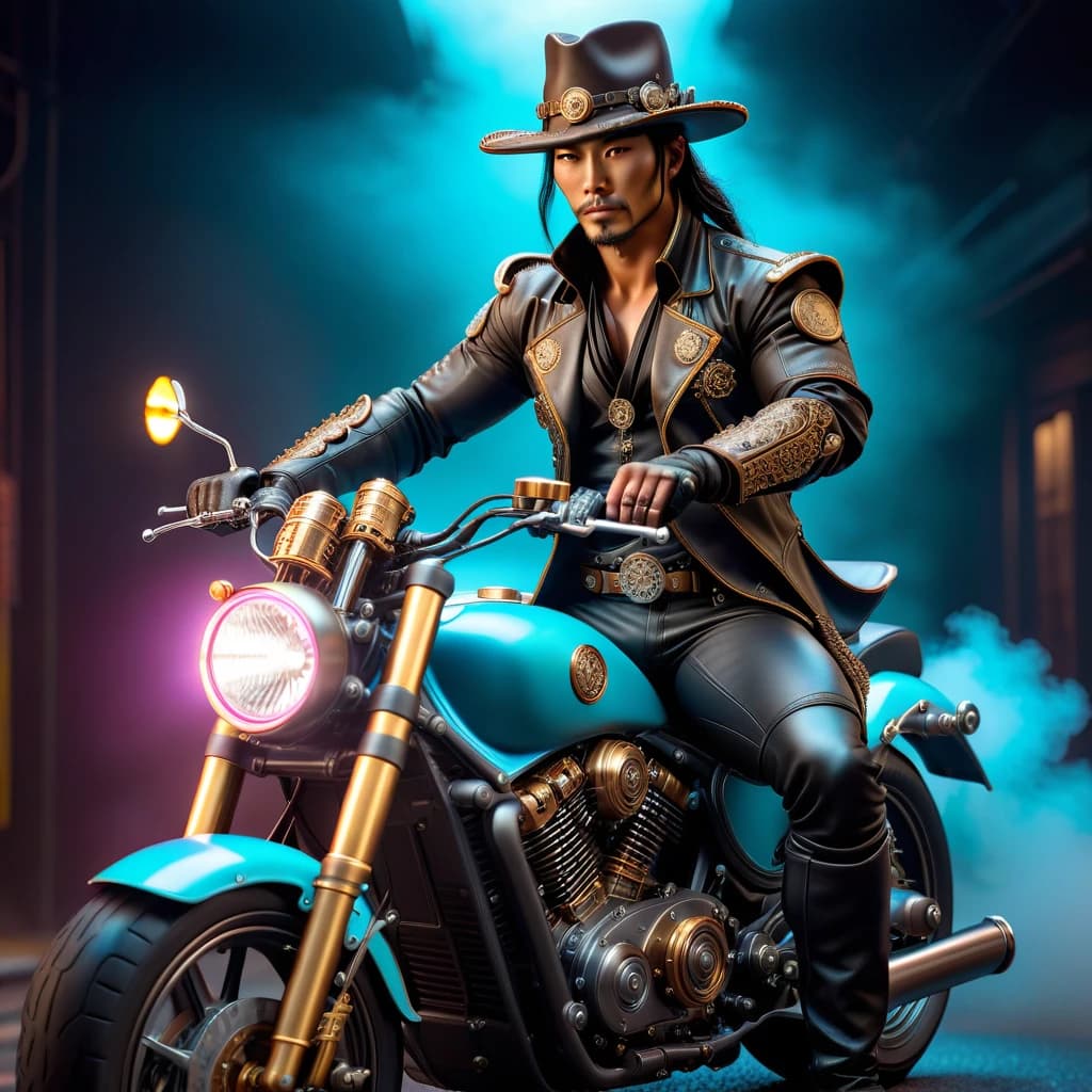 Steampunk cowboy samurai in hat sits on a neon motorcycle