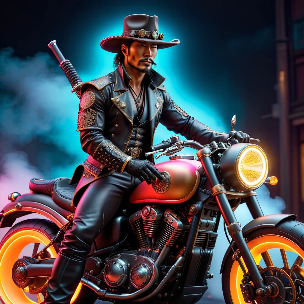 Steampunk cowboy samurai in hat sits on a neon motorcycle