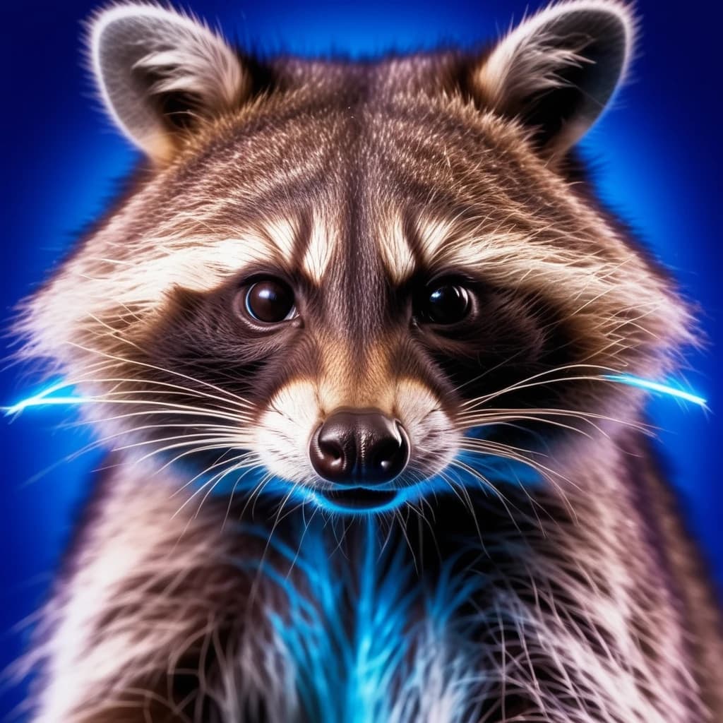Raccoon, blue rays on neon background