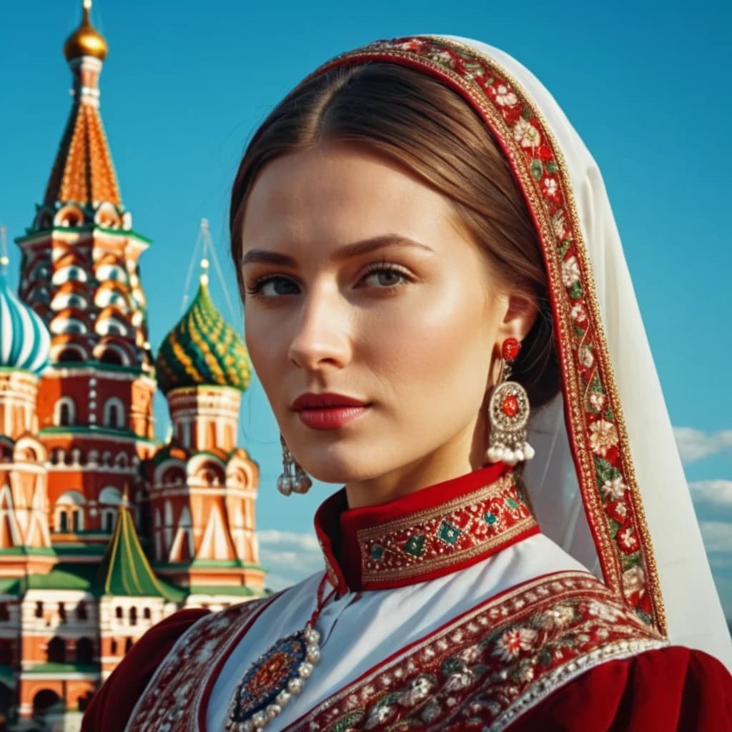 Город Москва в образе красивой девушки в традиционном народном костюме, на фоне города, портретное фото, высокая детализация