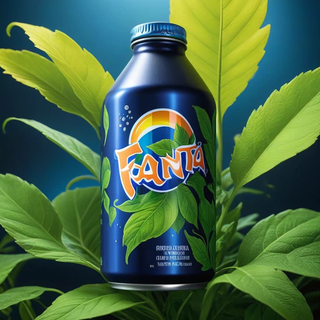 A black can of fanta, the design is inspired by canabis leaves , glass bottle with intricate,acid green,acid yellow, acid blue, studio photography, product shot, high resolution photography, cinematic, highly detailed
