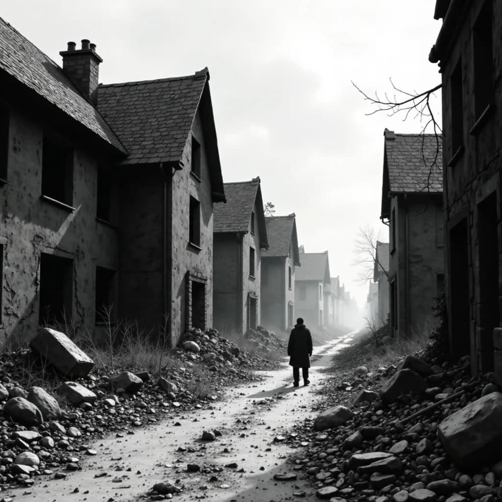 .USSR town. ruined buildings. black grey tones. Simon Stålenhag, wayne barlowe, john berkey illustration style. fine art. grimdark, postapocalypse style. sci-fi. monochrome.