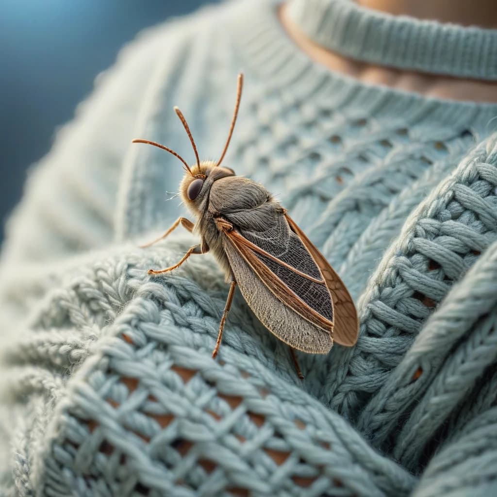clothes moth sits on a holey sweater