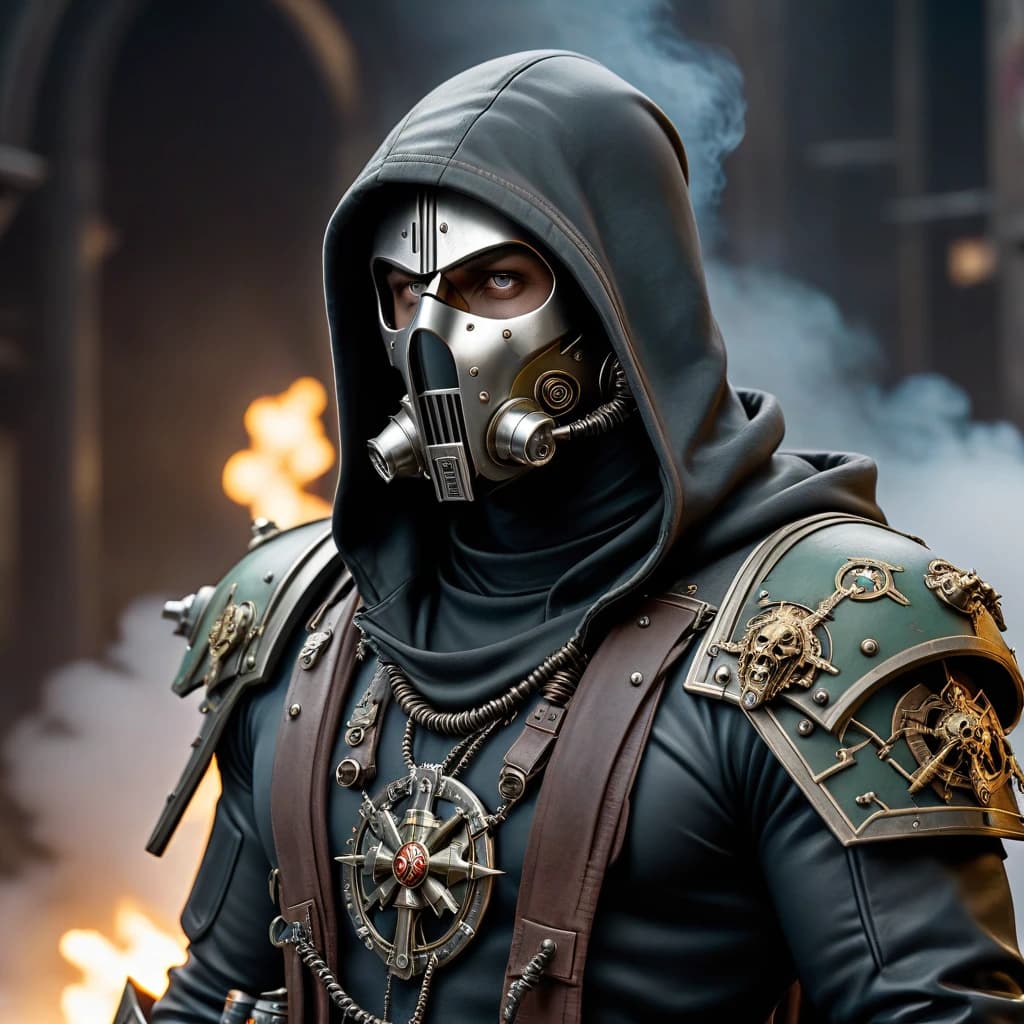 A man from the cult of Warhammer 40,000 machines, wearing a hood with a metal mask on his face