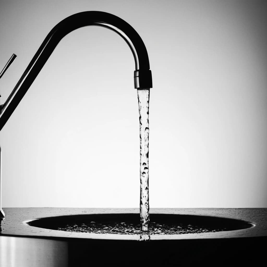 Вана заполненная на половину, наполняется водой из под крана по капельке, черно белый фон