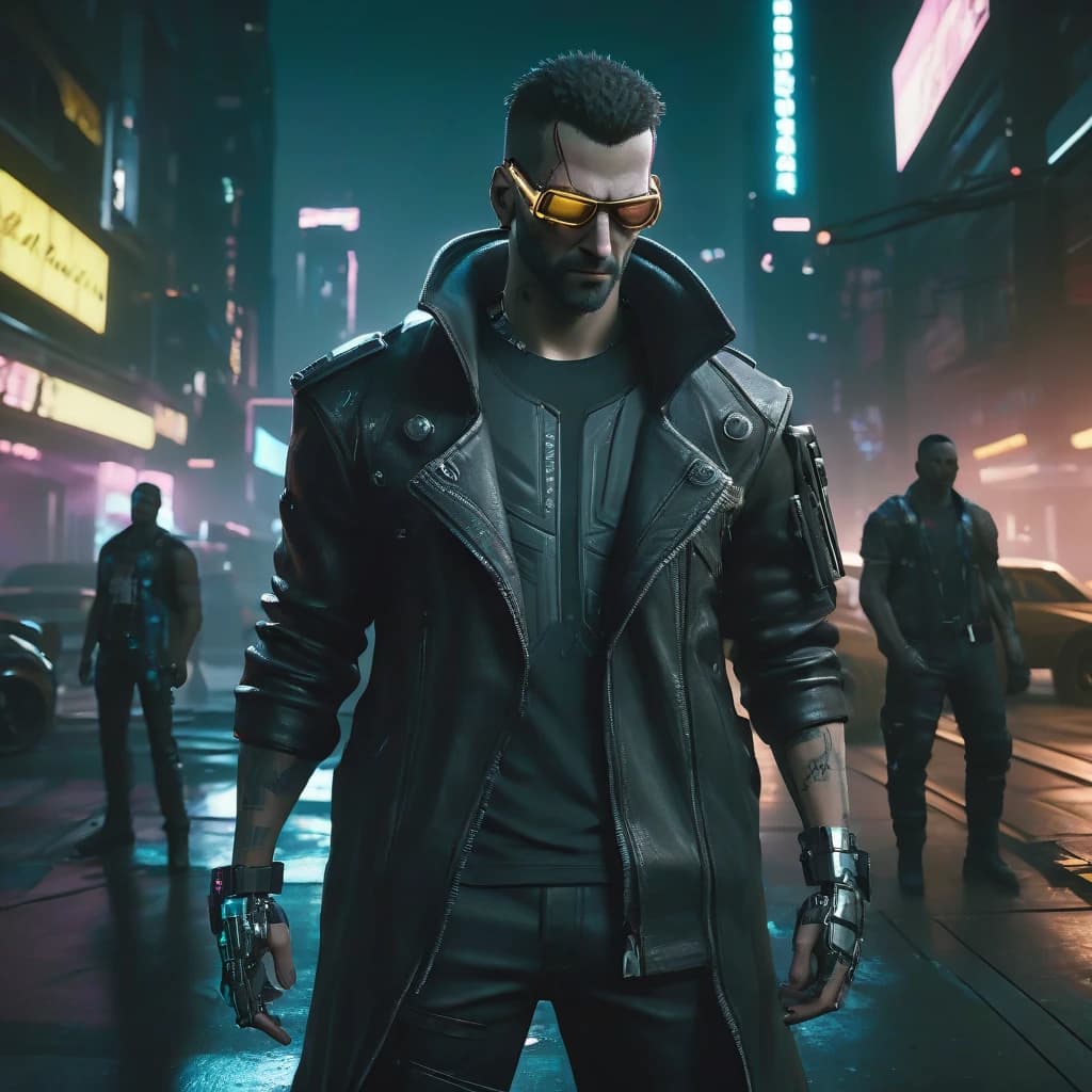 Киберпанк 2077, мужчина двадцати пяти лет, соло, кожаный плащ, стальные руки, стальные ноги, кибер-глаз правый, улицы города, гетто, два пистолета в руках, ночь