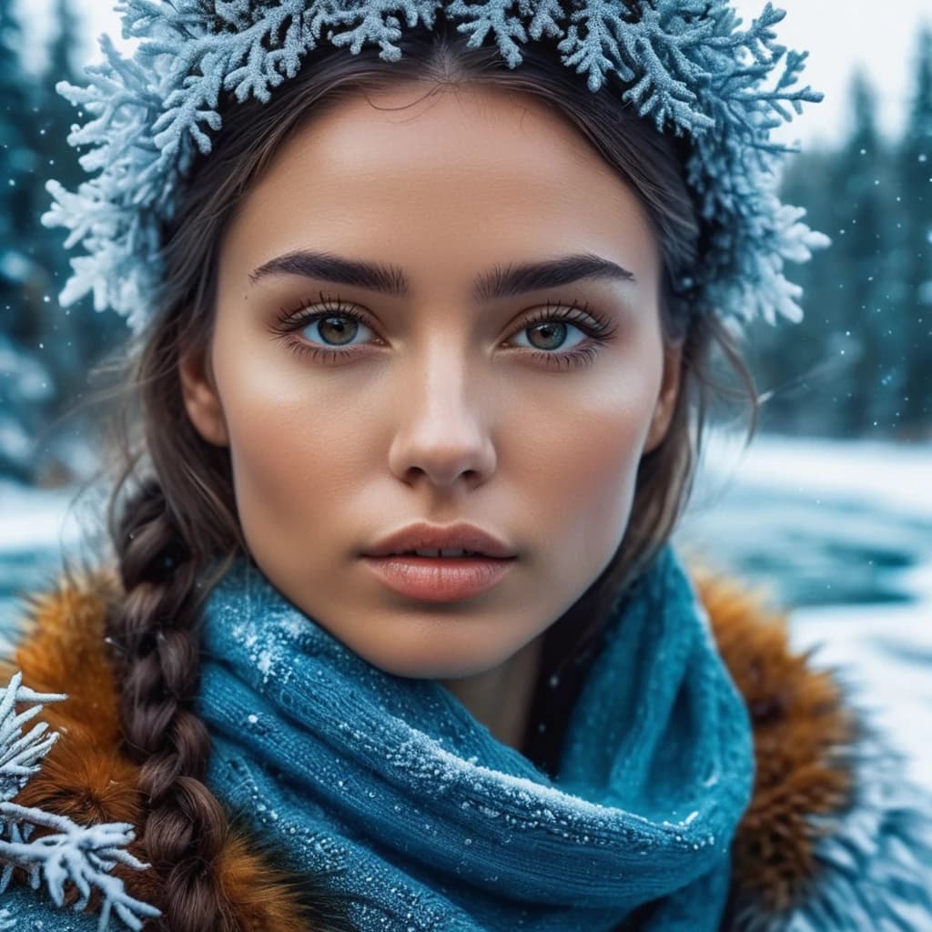 a young woman is posing for the camera
(masterpiece, 8K, highly detailed, digital art:1.3), female, in fur clothes, regal, majestic, young, perfect facial features, icy pattern makes up complex neural pathways, by Mario Dubsky, (psychedelic art:1.2), double exposure effect, portraying the goddess of Siberian taiga, (impenetrable forest and a wide river, ethereal and mystical, a blizzard of snow in background:1.2), unbearable cold around, endless forest and wide river in the background, vibrant colors blending seamlessly, profile picture perfect, mesmerizing and thought-provoking, intricate details revealing the depths of the mind.