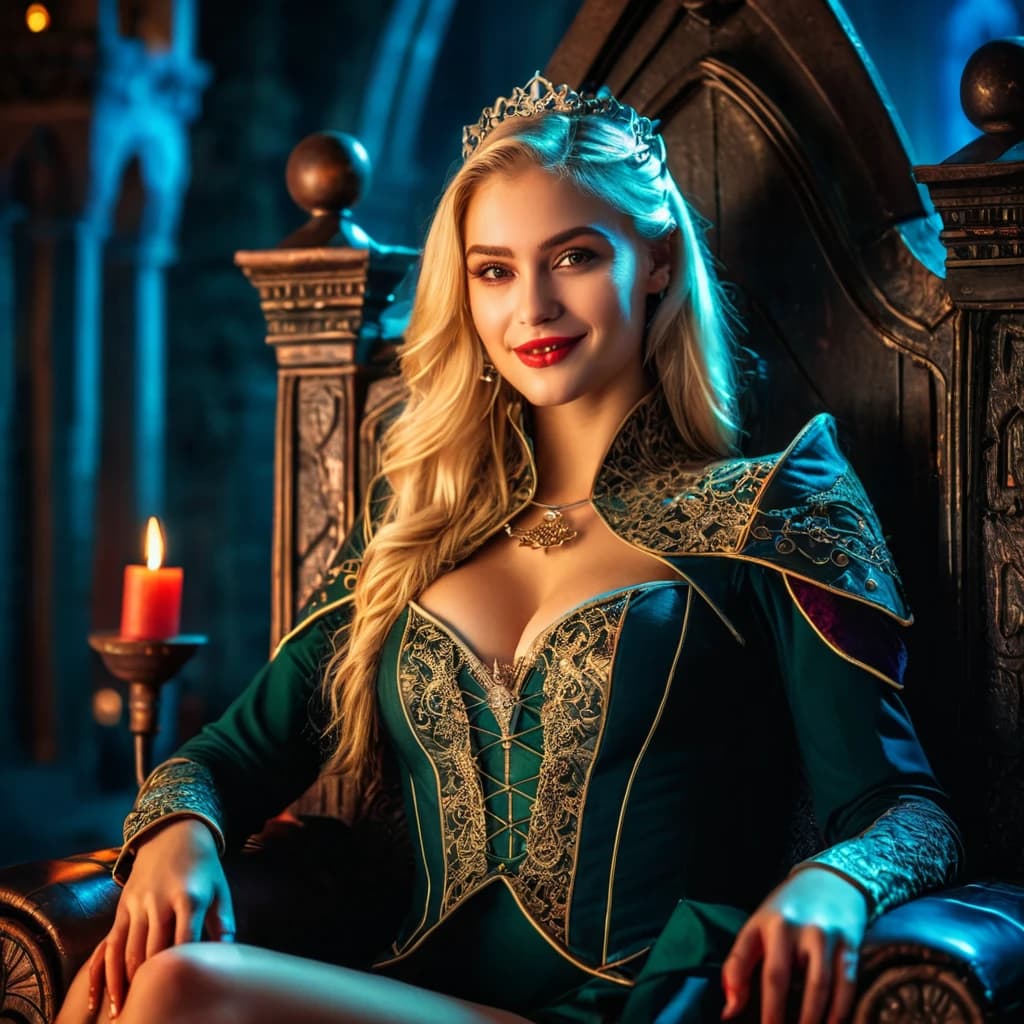 beautiful girl, cyberpunk, blonde, vampire, beautiful smile, sitting on a throne, in a beautiful outfit. night, Dracula's castle. (dark shot:1.17), epic realistic, faded, ((neutral colors)), art, (hdr:1.5), (muted colors:1.2), hyperdetailed, (artstation:1.5), cinematic, warm lights, dramatic light, (intricate details:1.1), complex background, (rutkowski:0.8), (teal and orange:0.4), Details, ((intricate details)), hdr, ((intricate details, hyperdetailed))