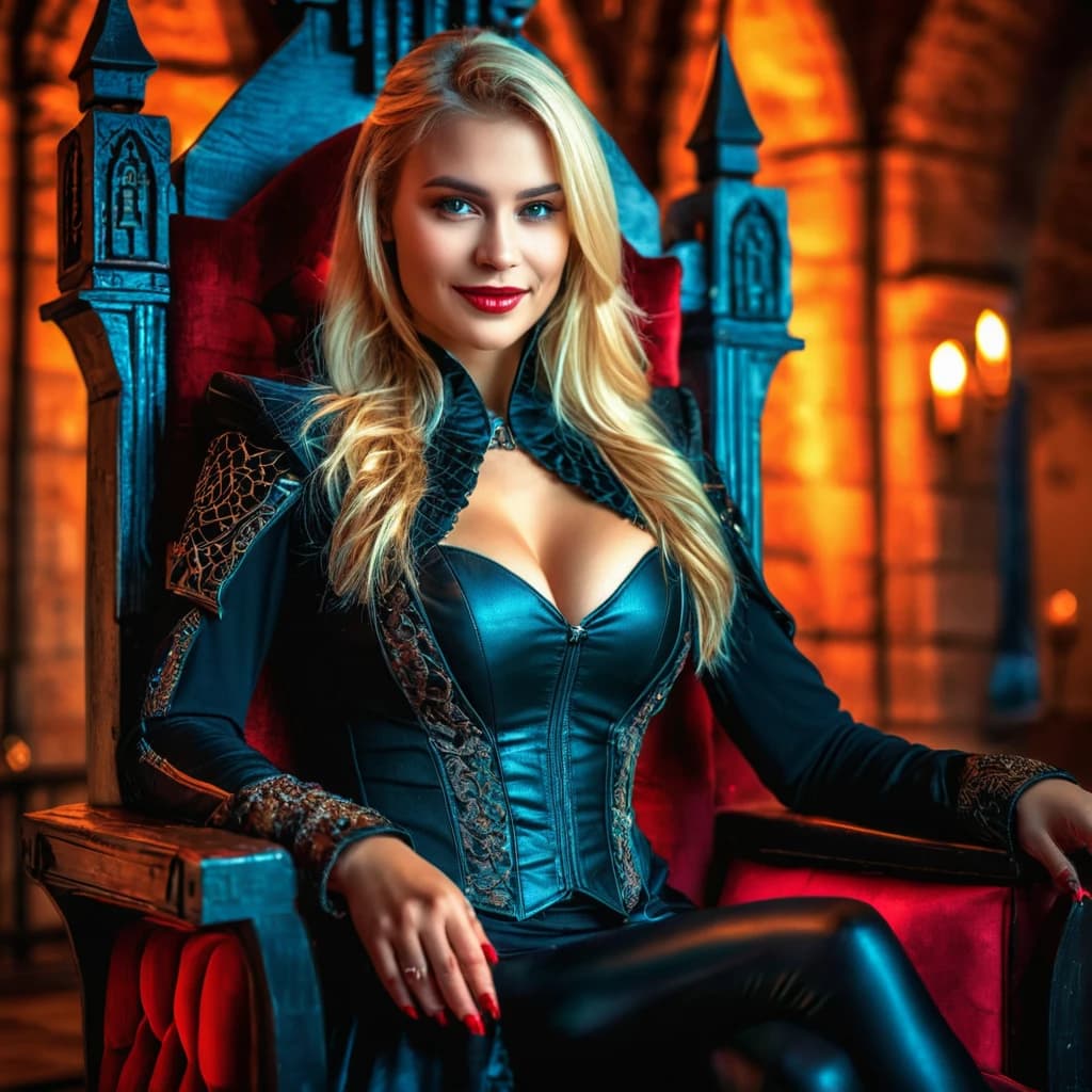 beautiful girl, cyberpunk, blonde, vampire, beautiful smile, sitting on a throne, in a beautiful outfit. night, Dracula's castle. (dark shot:1.17), epic realistic, faded, ((neutral colors)), art, (hdr:1.5), (muted colors:1.2), hyperdetailed, (artstation:1.5), cinematic, warm lights, dramatic light, (intricate details:1.1), complex background, (rutkowski:0.8), (teal and orange:0.4), Details, ((intricate details)), hdr, ((intricate details, hyperdetailed))