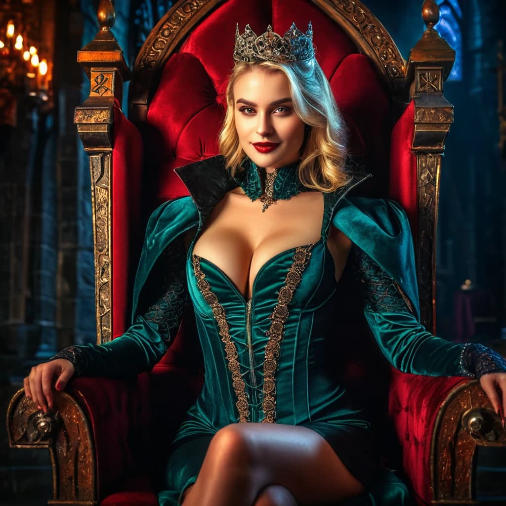 beautiful girl, cyberpunk, blonde, vampire, beautiful smile, sitting on a throne, in a beautiful outfit. night, Dracula's castle. (dark shot:1.17), epic realistic, faded, ((neutral colors)), art, (hdr:1.5), (muted colors:1.2), hyperdetailed, (artstation:1.5), cinematic, warm lights, dramatic light, (intricate details:1.1), complex background, (rutkowski:0.8), (teal and orange:0.4), Details, ((intricate details)), hdr, ((intricate details, hyperdetailed))