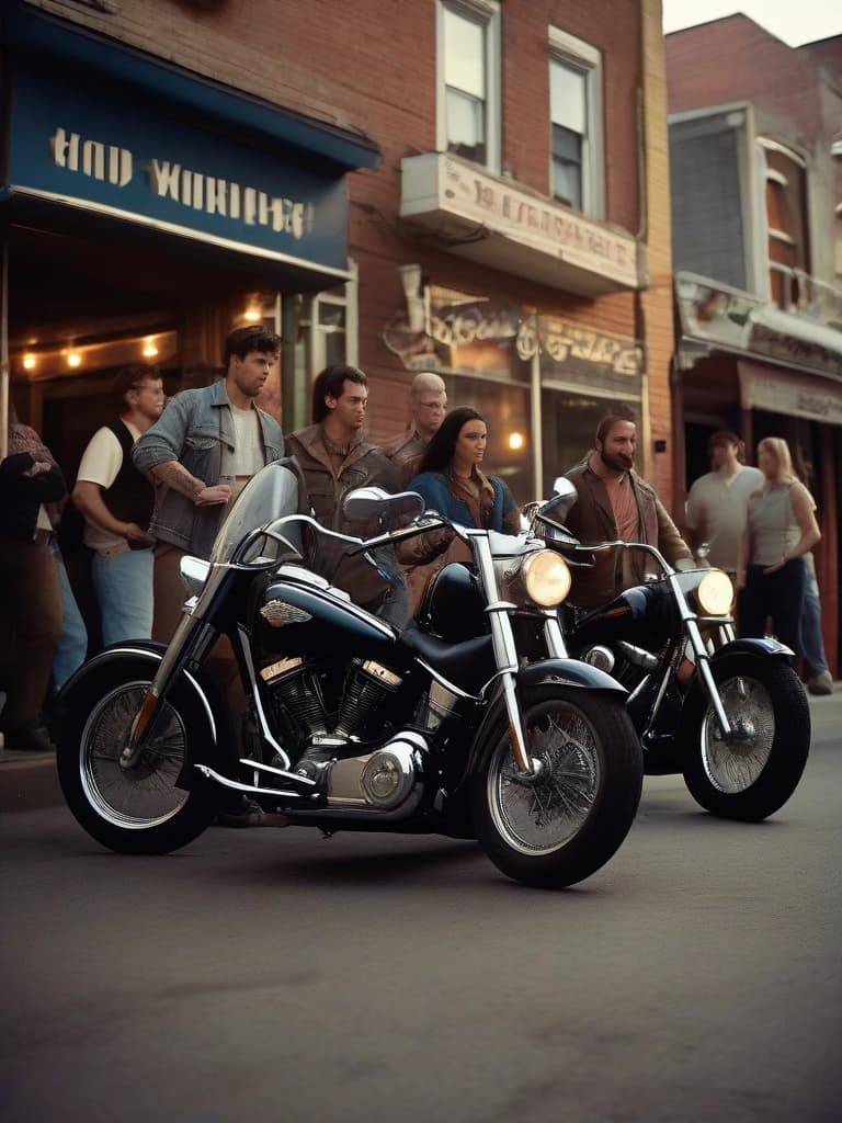Night, summer. A group of baycrashers standing near their Harley Devidson Fat boy motorcycles, near a bar. worm's eye view
