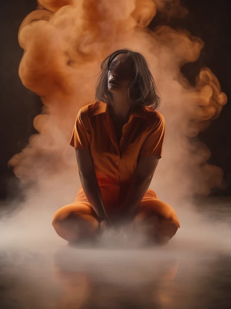 orange thick smoke in smooth tones depicts a melting figure of a woman against a wall background with smoke streaming down it, holding onto her own self. The woman is kneeling and crying loudly, a dramatic expression on his face. Strong contrast of dramatic colors, 4k, high quality and detail. Flickering light, perfect composition, beautifully detailed intricate insanely detailed octane render trend on artstation, 8 k art photography, photorealistic concept art, soft natural volumetric cinematic perfect light, chiaroscuro, award - winning photograph, masterpiece, oil on canvas, raphael, caravaggio, greg rutkowski, bipple, bexinski, hyger