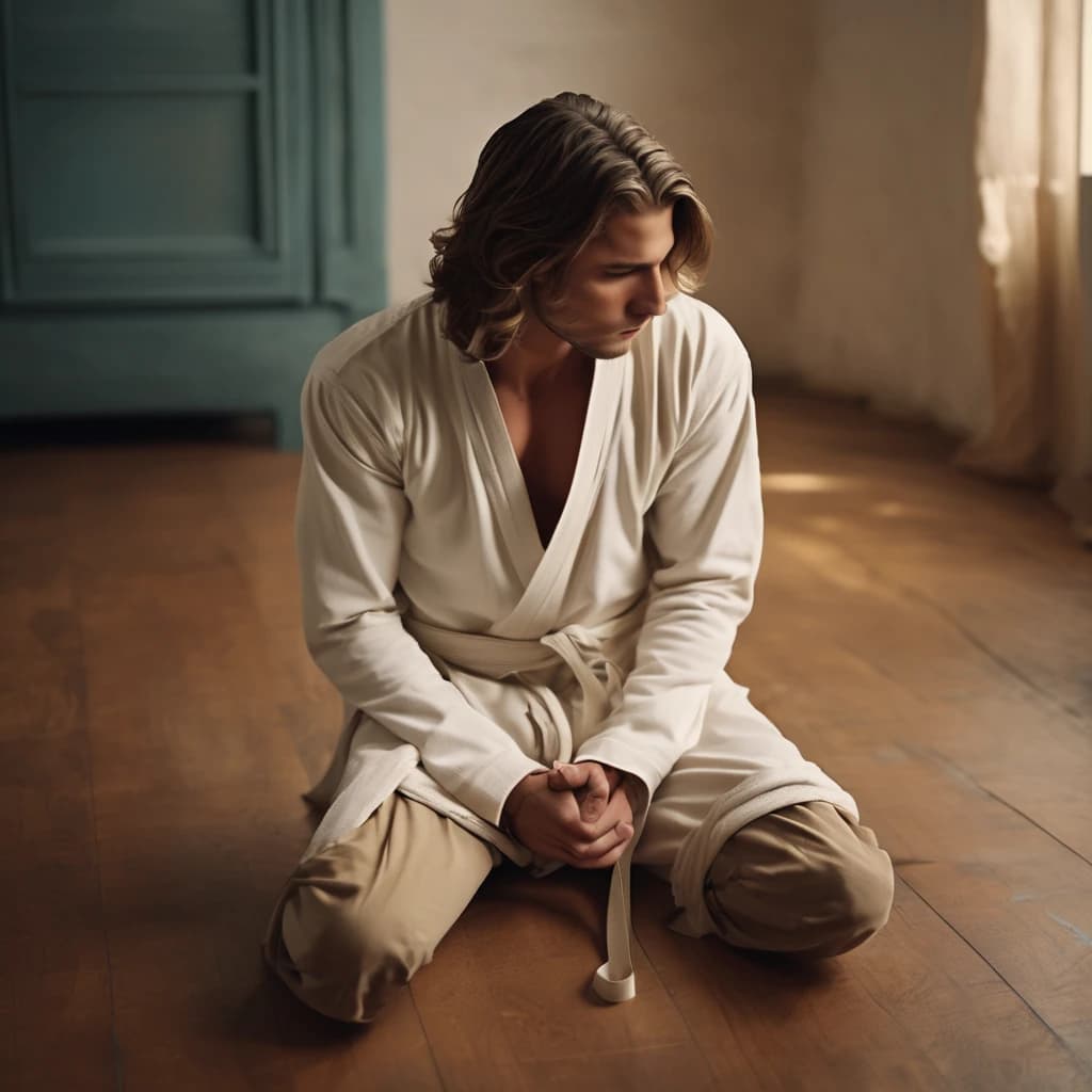 A young man with shoulder-length hair, wearing a straitjacket with his hands tied behind his back, sits on the floor in a room with soft walls. He is surprised to find himself in this situation
