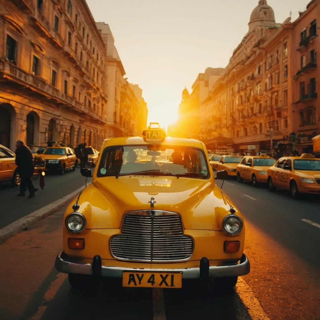 Такси уезжает в закат картина