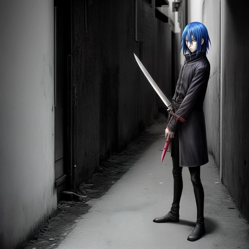 Anime standing around the corner with a full-length knife in the center of the frame in color