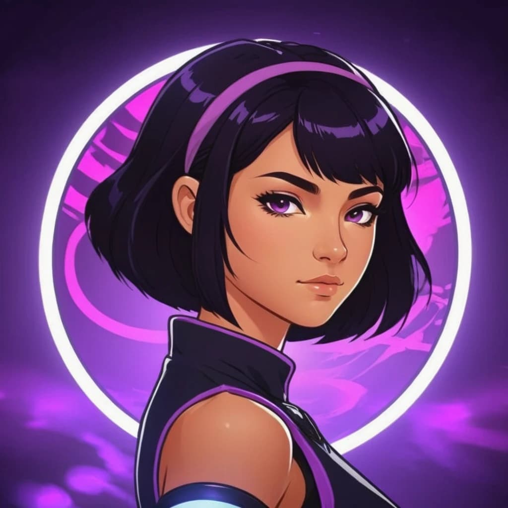 draw an avatar for a steam account in anime style with purple neon in the background, a girl with black hair and that the nickname "ANEL" would be at the bottom