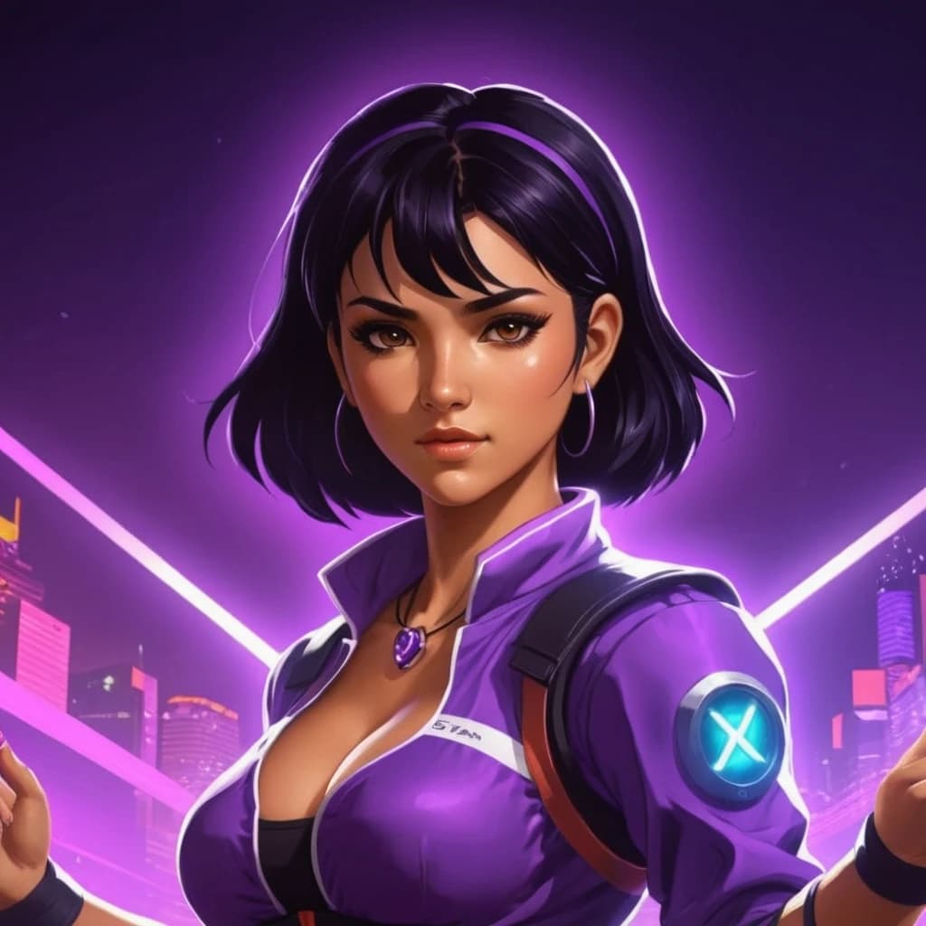 draw an avatar for a steam account in anime style with purple neon in the background, a girl with black hair and that the nickname "ANEL" would be at the bottom
