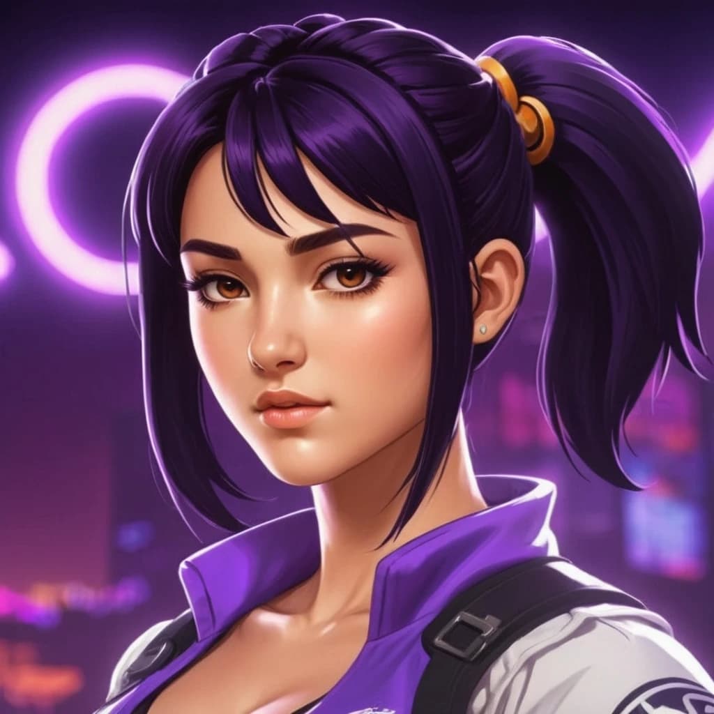 draw an avatar for a steam account in anime style with purple neon in the background, a girl with black hair and that the nickname "ANEL" would be at the bottom