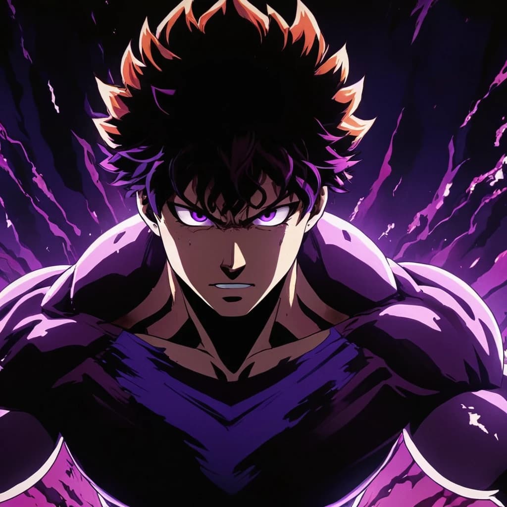 a close up of a person with an evil look on their face, anime wallpaper, showing off his muscles, gradient black to purple, boku no hero academia style, fiery aura, character is covered in liquid, dark cavern, one fist raised high in triumph, morph, exploitable image, heroic human proportions, shredded, trending top art, light academia aesthetic