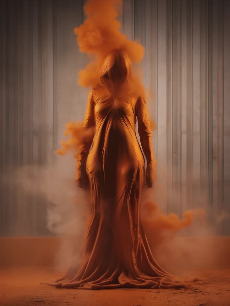 orange thick smoke in smooth tones depicts a melting figure of a woman against a wall background with smoke streaming down it, holding onto her own self. The woman is kneeling and crying loudly, a dramatic expression on his face. Strong contrast of dramatic colors, 4k, high quality and detail. Flickering light, perfect composition, beautifully detailed intricate insanely detailed octane render trend on artstation, 8 k art photography, photorealistic concept art, soft natural volumetric cinematic perfect light, chiaroscuro, award - winning photograph, masterpiece, oil on canvas, raphael, caravaggio, greg rutkowski, bipple, bexinski, hyger