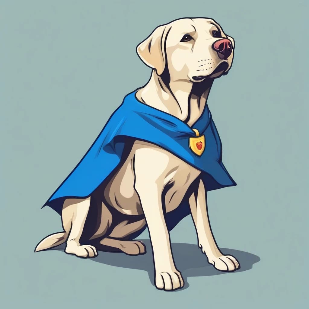 Labrador sits, on his back there is a blue cape for dogs, cartoon style, simple style