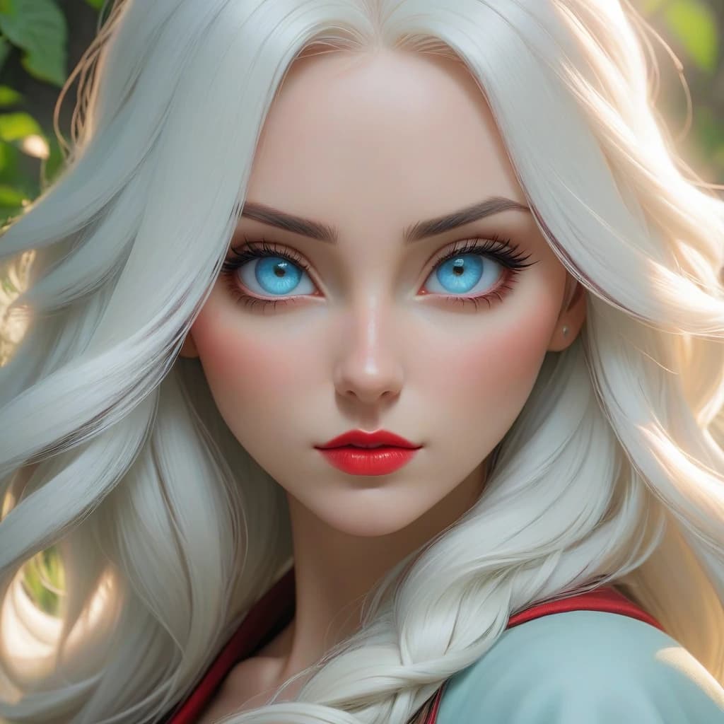 joshua middleton comic cover art, baby blue eyes, white long hair, cute, fantasy lofi-like, black, red, green, red, portrait, mid-shot, highly detailed, artstation, sharp focus, jurgens, rutkowski, bouguereau