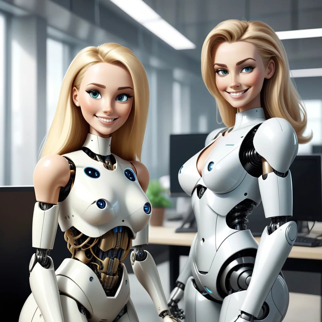 The robot and the beautiful woman with blonde hair are working successfully together at the computer. Both the robot and the woman look friendly and are smiling. They eare working in the modern office. Superrealism. High quality