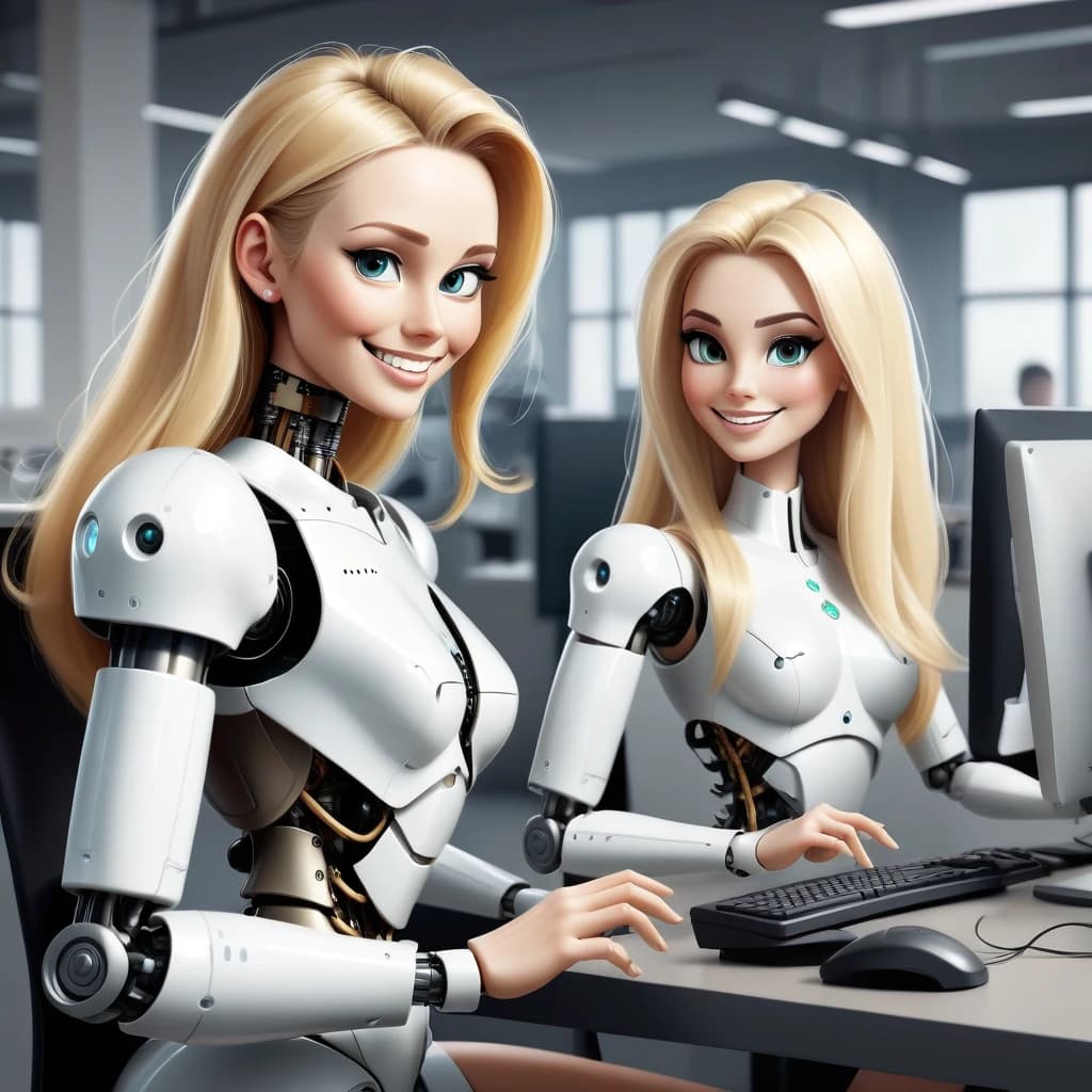 The robot and the beautiful woman with blonde hair are working successfully together at the computer. Both the robot and the woman look friendly and are smiling. They eare working in the modern office. Superrealism. High quality