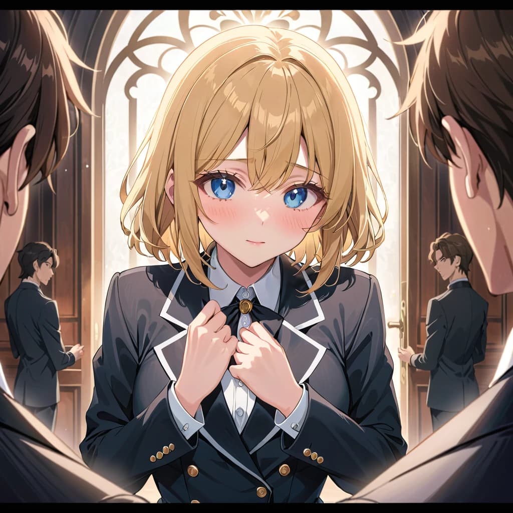 A blonde girl with blue eyes and a black dress is being groped by a brunette man with brown eyes in a classic suit