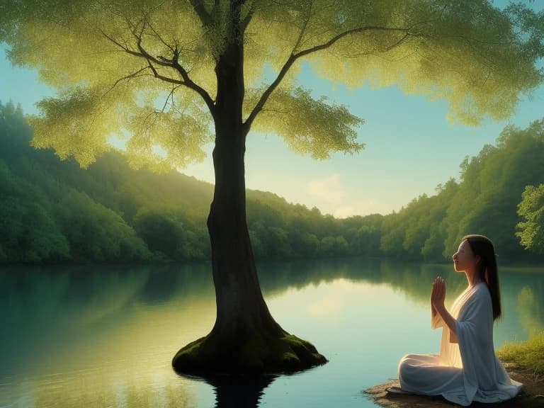 image made in soft blue and green colors to create a peaceful and contemplative atmosphere, which depicts a meditating girl in a white cloak with gold embroidery, sitting under a tree in a forest clearing, near a reflecting lake and soft light falling on the silhouette of the girl