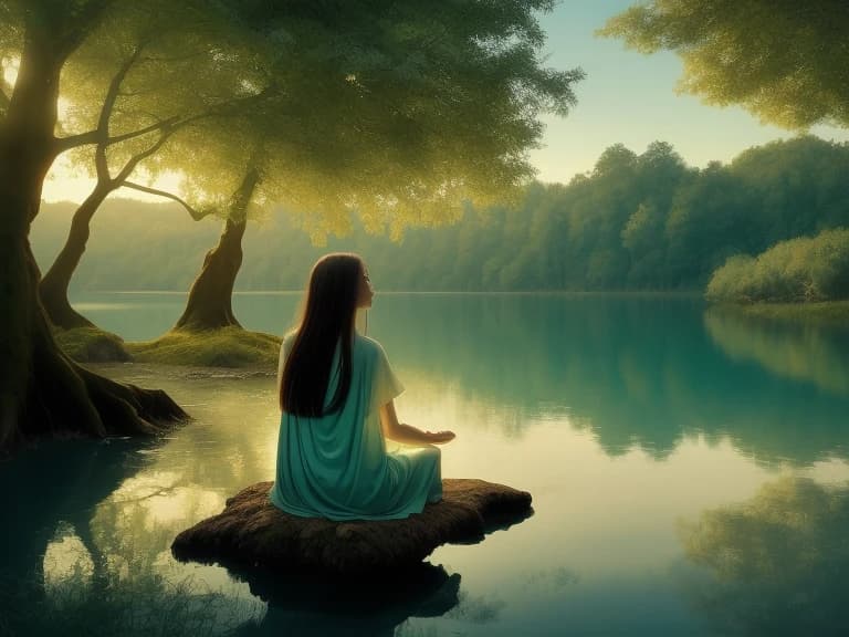 image made in soft blue and green colors to create a peaceful and contemplative atmosphere, which depicts a meditating girl in a white cloak with gold embroidery, sitting under a tree in a forest clearing, near a reflecting lake and soft light falling on the silhouette of the girl