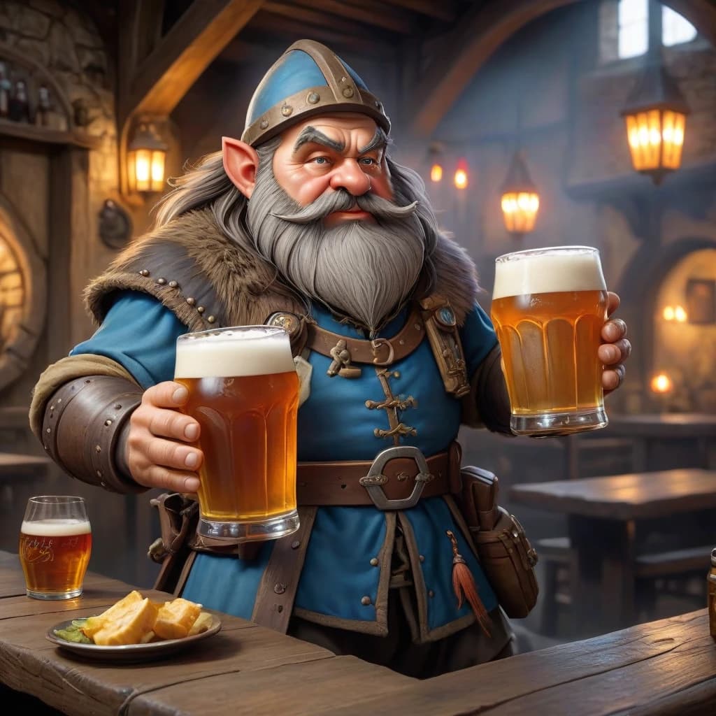 dwarf drinks beer in a medieval tavern