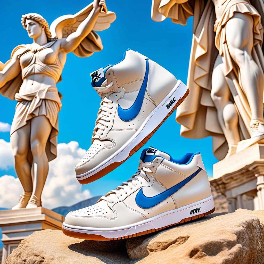 Nike sneakers if they were in ancient greece. Create statues that wear nike shoes, on the background create mountains and blue skies with white clouds