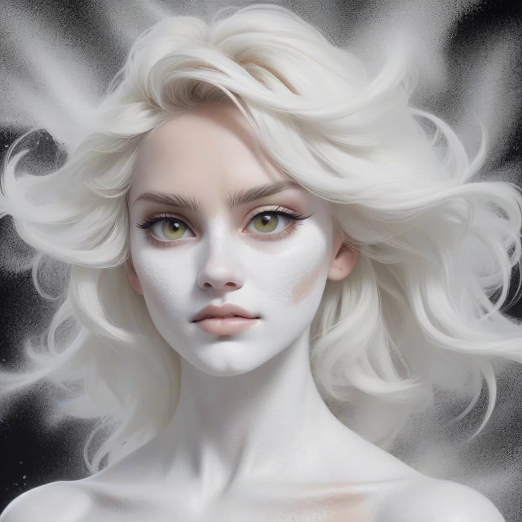 white powder is scattered on a white polished table, from powder a white drawing of a girl's figure with white lips, white eyebrows, white ears, white eyes