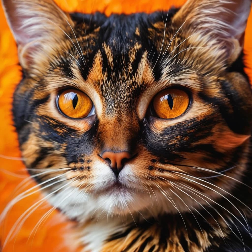(masterpiece, impasto oil painting:1.3), whimsical black-orange cat captured in the style of Raoul De Keyser, vibrant colors blending with thick brushstrokes, expressive and playful, (dynamic mixture of black and orange fur:1.2), captivating eyes full of curiosity, unique and charming composition, textured canvas adding depth, rich layers of paint creating a tactile feel, enchanting and dreamlike atmosphere, intricate details in the fur patterns and whiskers, blending of colors adding warmth and depth to the scene, a fusion of realism and abstraction in a feline form.