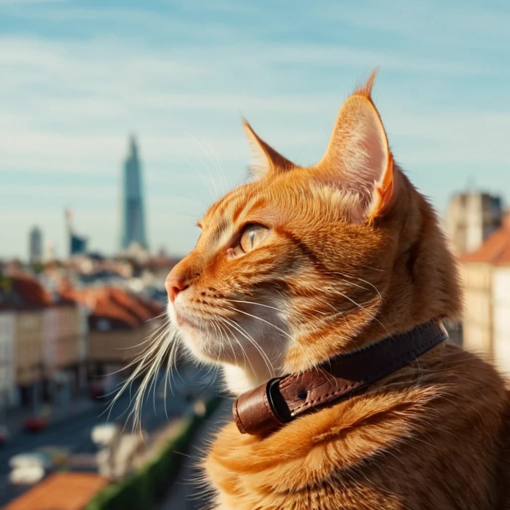 Рыжий кот с маленьким коричневым мешочком выпирающий вперёд на шее, смотрит в даль города