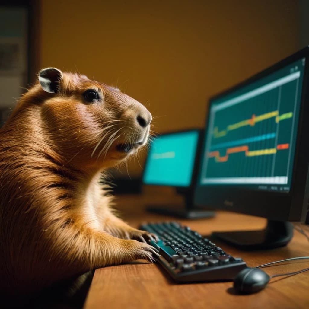 a man with a capybara head sits at a computer and writes music to a program