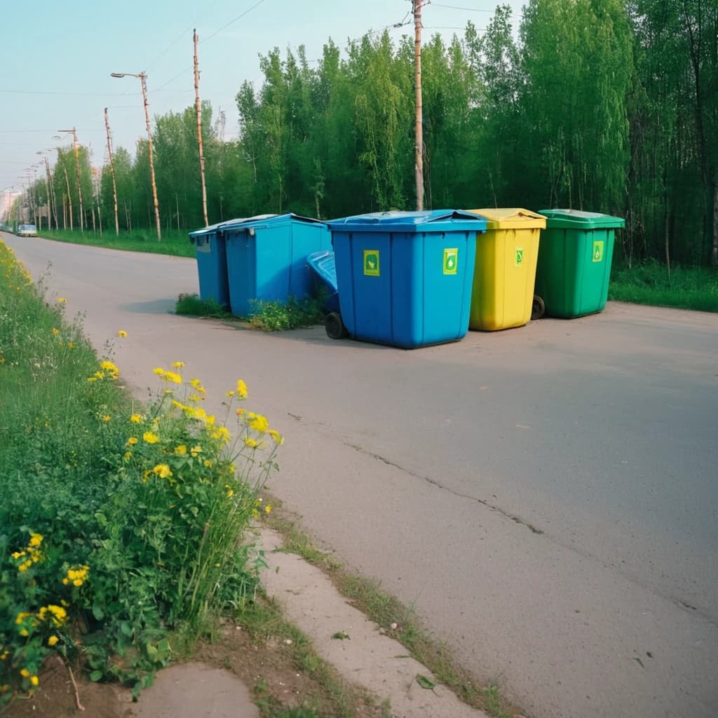 На светлой чистой улице  российского города без машин установлены три мусорных пластиковых контейнера желтого, синего и зеленого цвета для раздельного сбора мусора