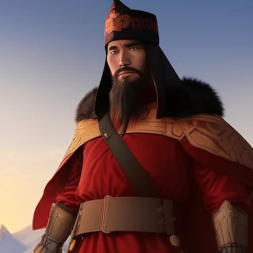 A Kyrgyz hero in national armored clothing stands on top of a dune during sunrise. Male hero, 35-40 years old. Black hair with a beard, courageous and self-confident. There is a large hood on the head. The hero is of Kyrgyz nationality. The hero’s clothes have Kyrgyz national patterns. The hero looks at us intently.