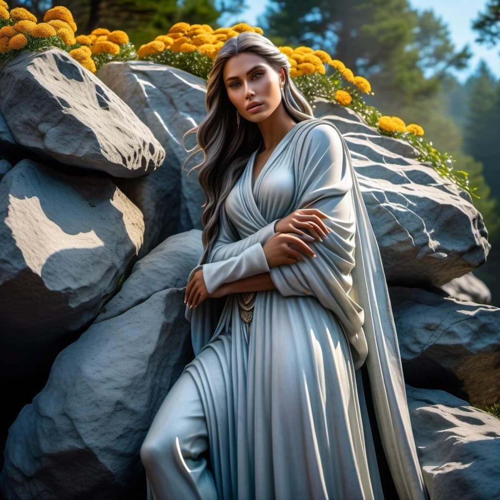 beautiful gray statue of a girl immured in a huge rock face, her hands are attached to the rock, the girl stands tall, she is wrapped in roots and flowers, she is dressed in light clothes, the statue