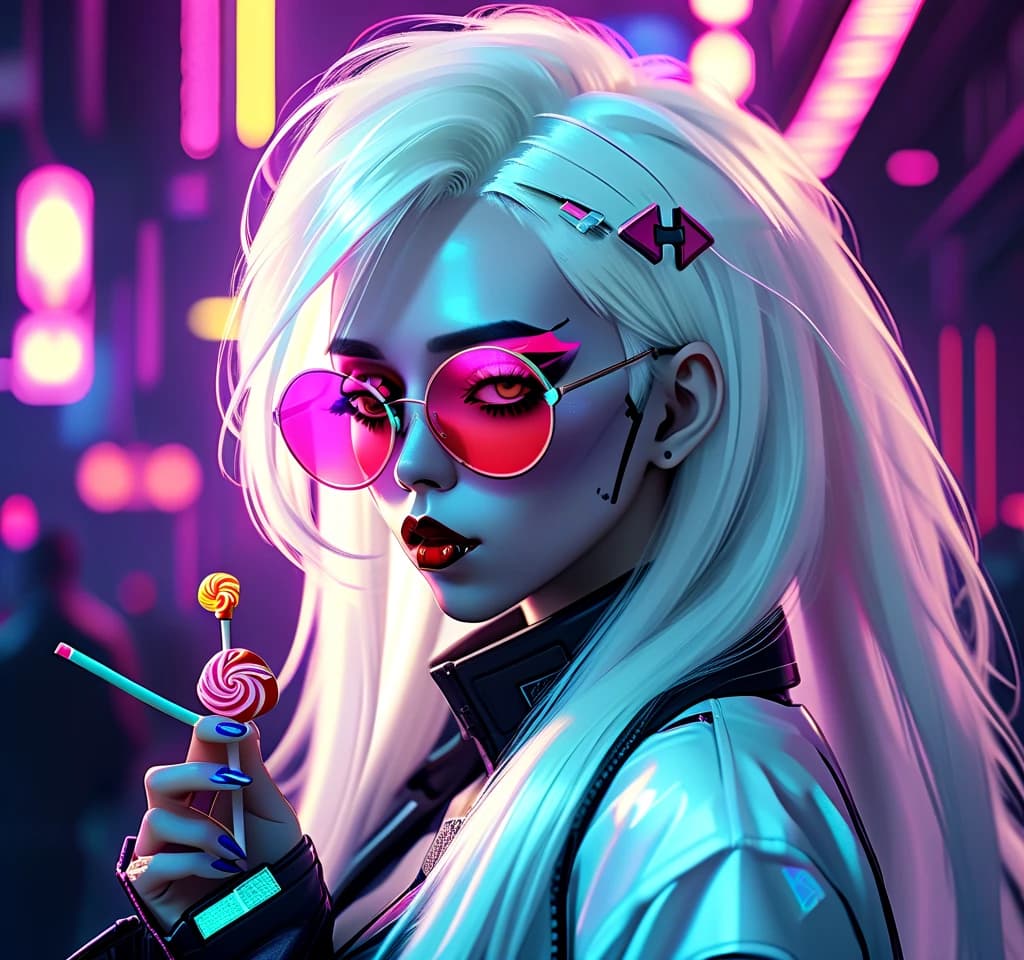 woman, with a lollipop in her lips, brightly colored makeup, long straight white hair, pointy glasses on her face