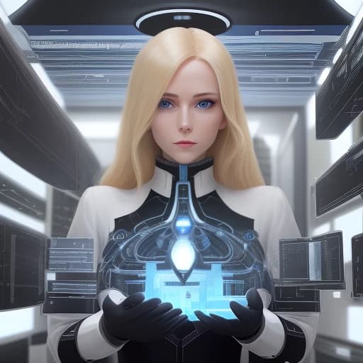 A beautiful woman-scientist with blonde hair and blue eyes is wearing a black classical suite. The woman looks kind and friendly. She is in a modern white futuristic laboratory. She is surrounded by modern equipment for research. The projectors are showing diagrams with some data in the air.