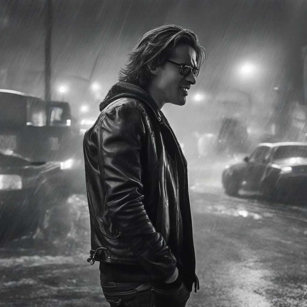 A young man with shoulder-length hair and wearing dark glasses is seen laughing angrily, with his arms crossed over his chest. His hair has a gray streak, and he is wearing a black leather jacket and dark clothing. The scene is set in the midst of swirling chaos, with thunderstorms and lightning flashing in the background.