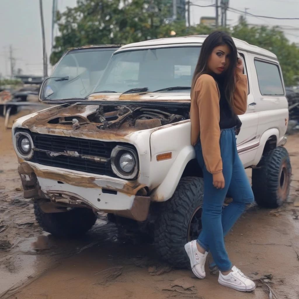 standing next to the car, on ford mustang 1968 car dark blue color, brunette random different hair girl, tight-fitting clothes, derailed skin, bad photo composition, accidental photo, Reddit,