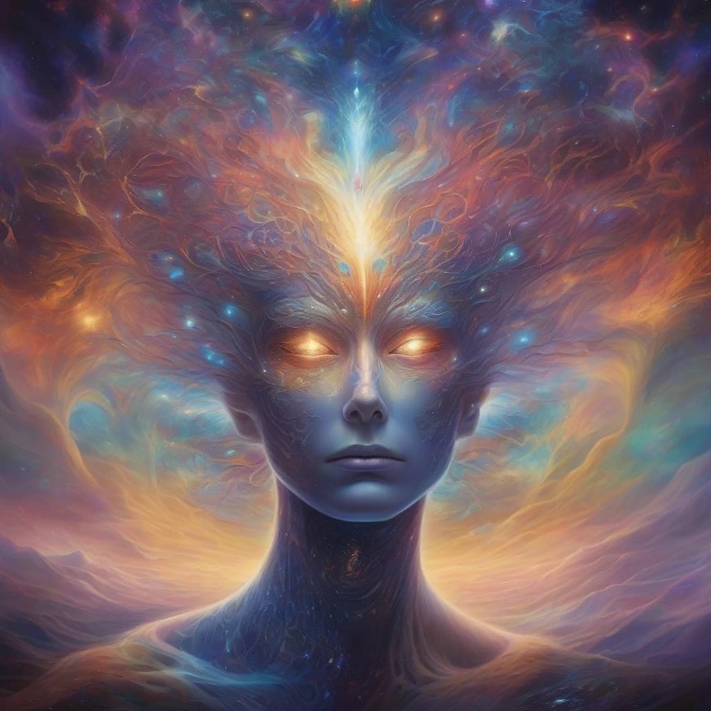 (masterpiece, highest quality, holographic surrealism, transparent astral being:1.2), otherworldly creature, ethereal and translucent, (intricate patterns:1.3), flowing in its form, (piercing multi-colored eyes:1.2), gracefully gliding through the galaxy, (vivid  nebulae: 1.3) as a background, breathtaking cosmic vistas, attention to the smallest details, each star carefully drawn (inspired by Neal Adams, Van Gogh, Sabbas Apterus: 1.2), a combination of artistic styles, stunning color palette, warm and cool tones mix,  creating a surreal atmosphere (subtle glow: 1.1) emanating from the creature, hinting at its celestial nature (incredible depth: 1.2), layers upon layers of cosmic elements, intricate galaxies, sparkling stardust (transcendent energy: 1.1), captivating viewers with its otherworldly presence.