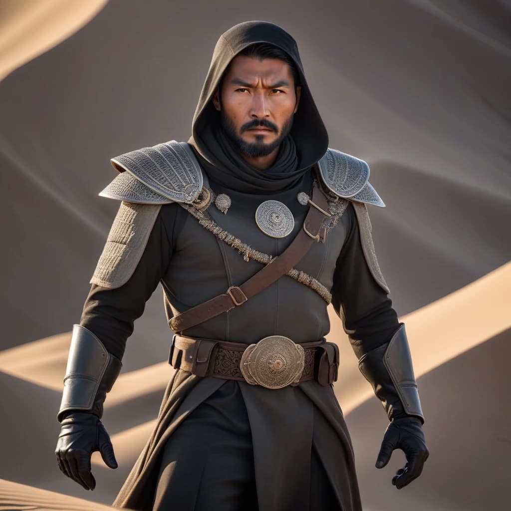 A Kyrgyz hero in national armored clothing stands on top of a dune during sunrise. Male hero, 30-35 years old. Black hair with a beard, courageous and self-confident. There is a large hood on the head. The hero is of Kyrgyz nationality. The hero’s clothes have Kyrgyz national patterns. The hero looks at us intently.